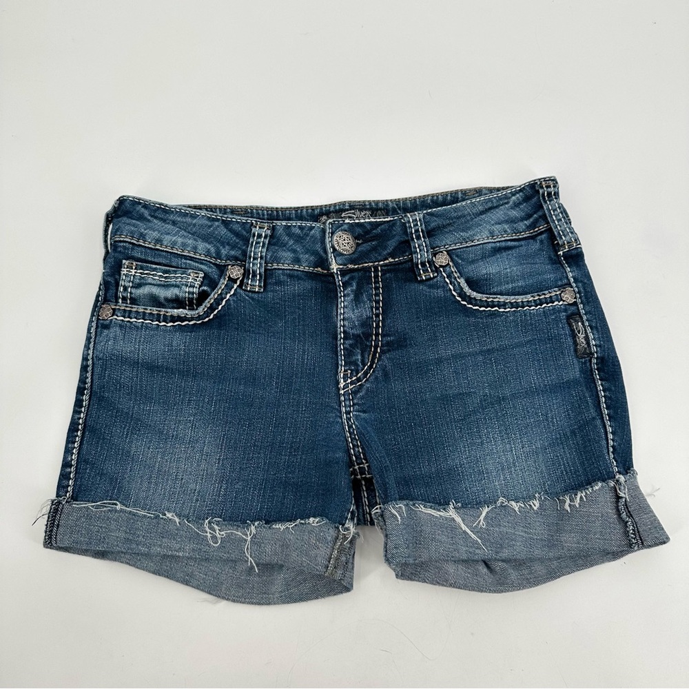 Silver Jeans Shorts Womens 30 Blue SUKI Cutoff Thick Stitch Raw Frayed Hem Denim
